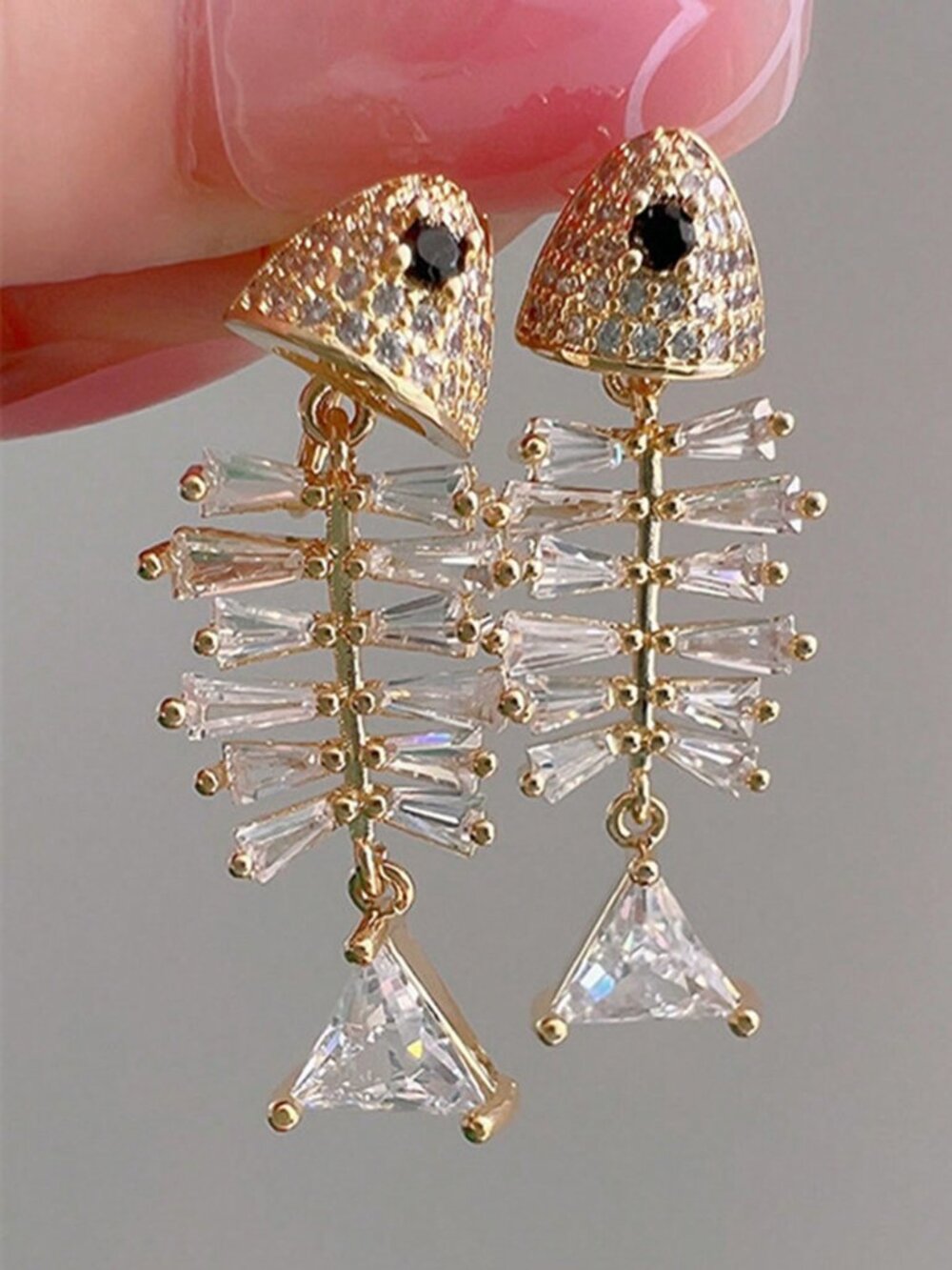 Gold coastal vibes Women's Fish Bone Pendant Earrings